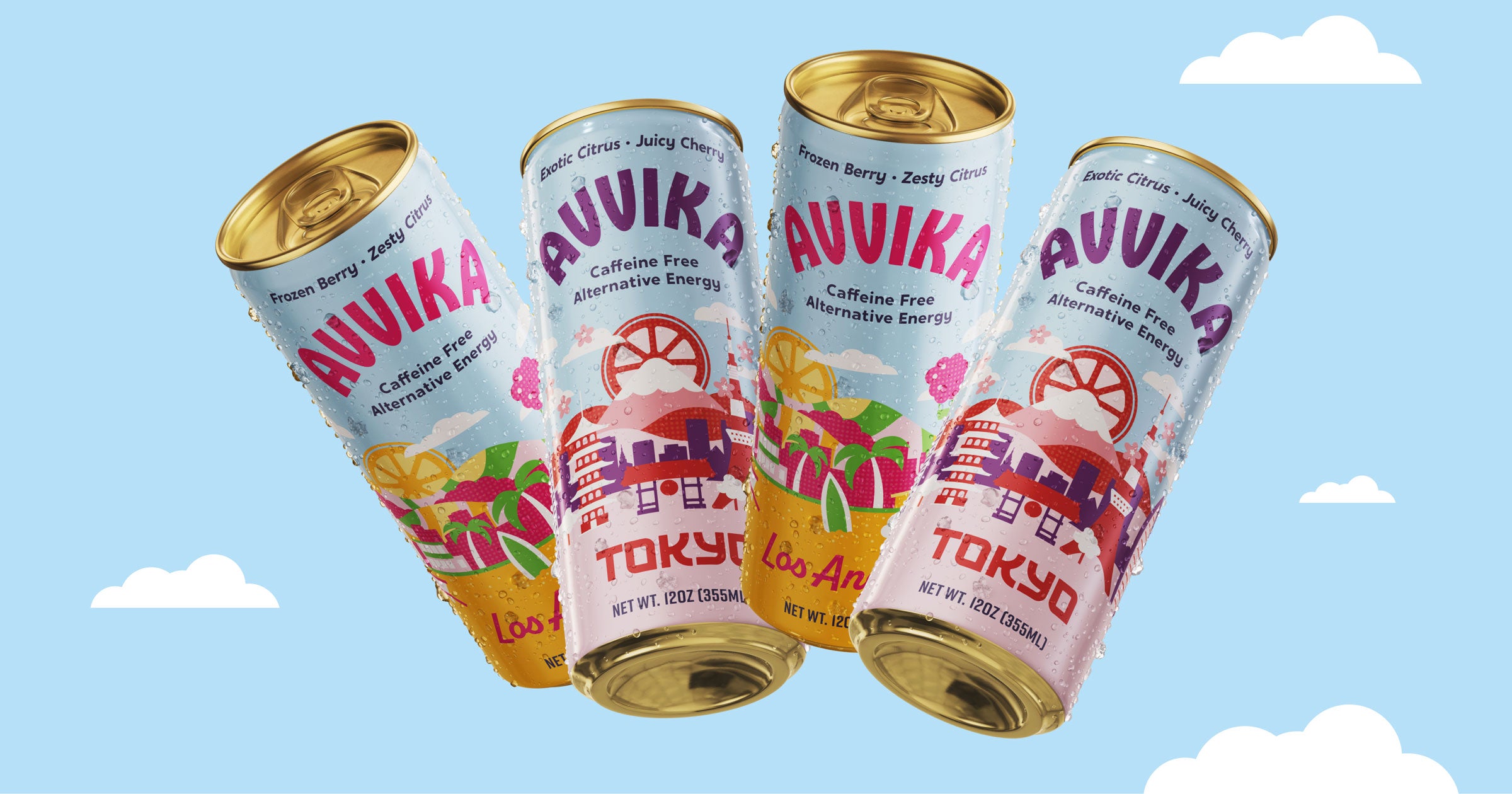 Two cans of Los Angeles and two cans of Tokyo floating with sky in the background.