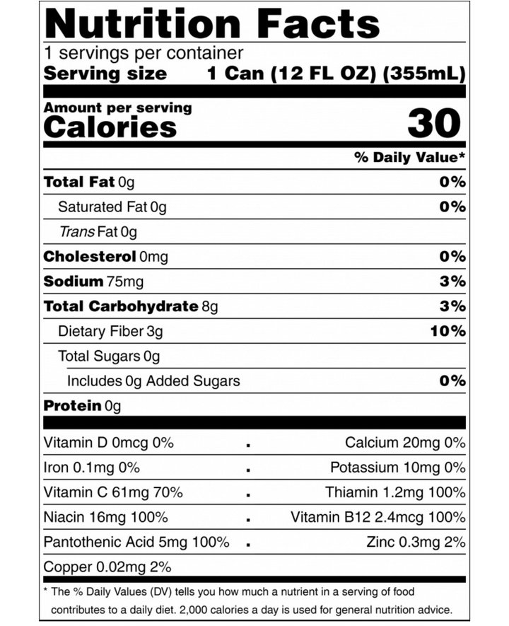 Avvika Los Angeles Energy Drink Nutrition Label