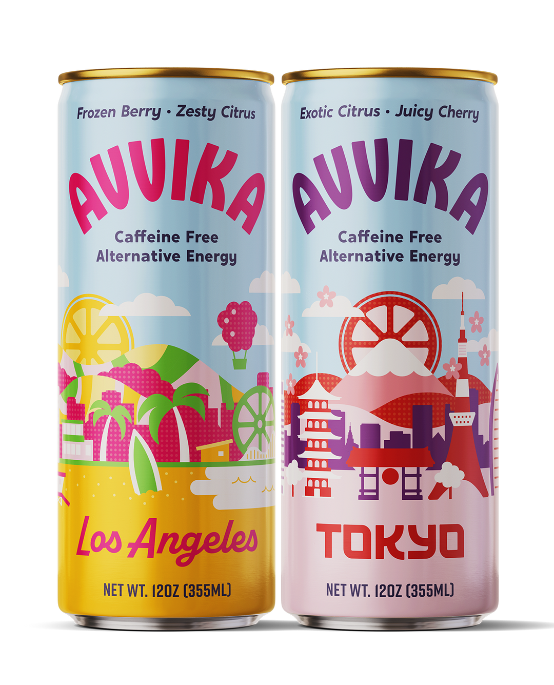 Cans of Avvika Los Angeles and Tokyo side-by-side