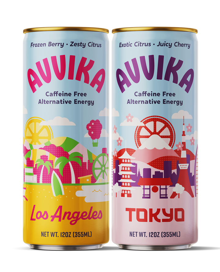 Cans of Avvika Los Angeles and Tokyo side-by-side