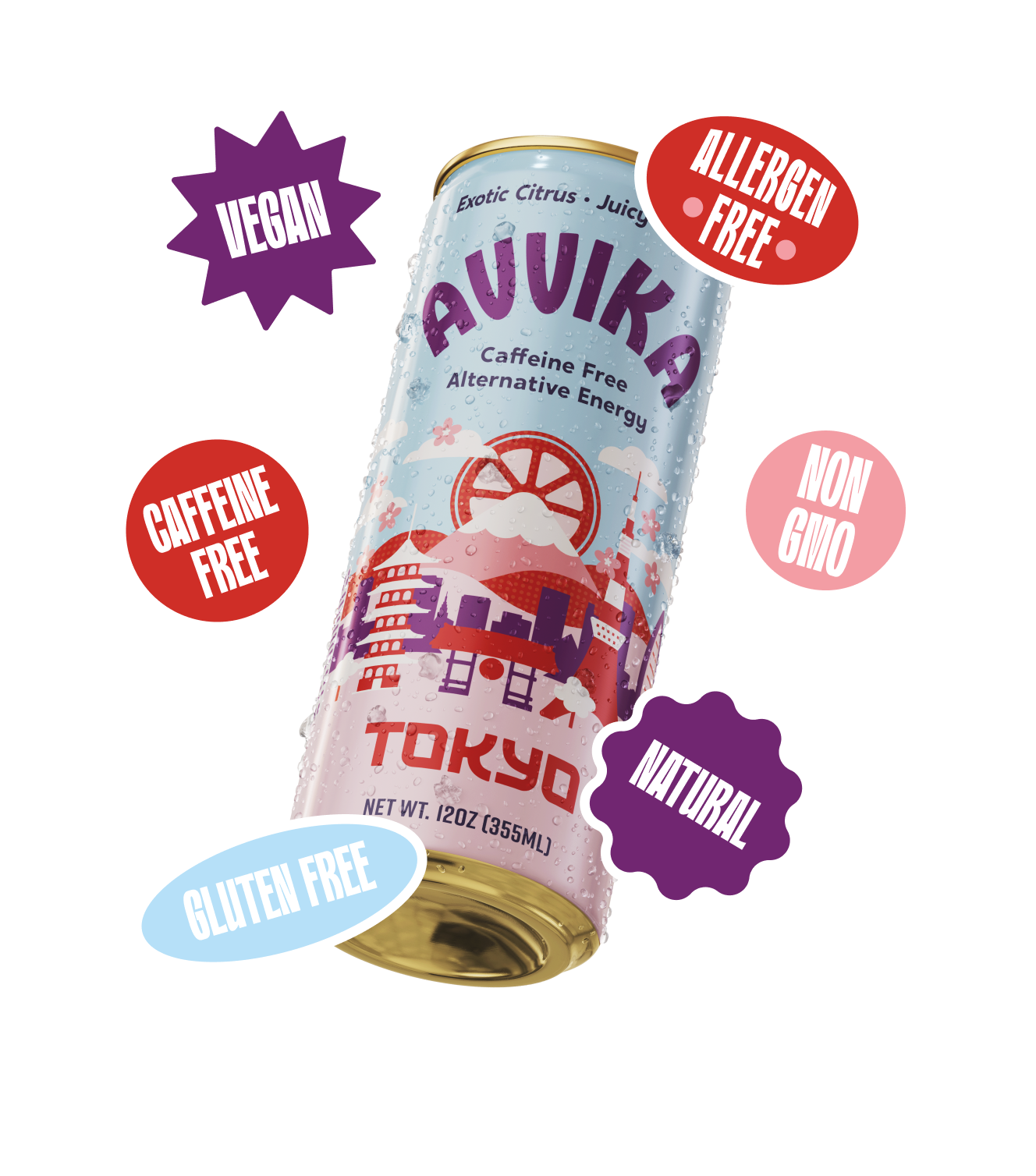Cans of Avvika Tokyo Floating with stickers overlapping that read "Vegan", "Gluten Free", Caffeine Free", "Allergen Free", "Non GMO" and "Natural"