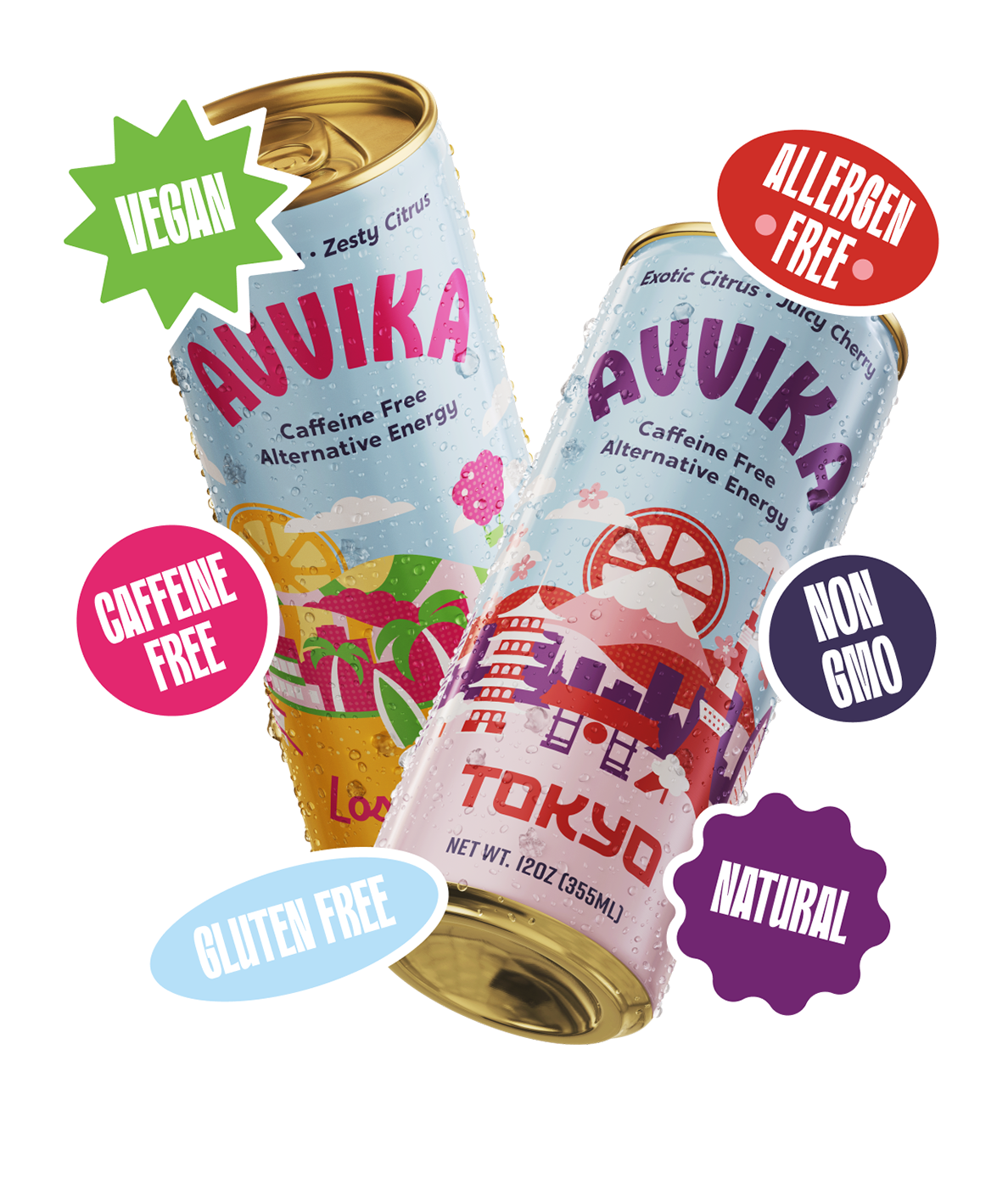 Cans of Avvika Los Angeles and Tokyo Floating with stickers overlapping that read "Vegan", "Gluten Free", Caffeine Free", "Allergen Free", "Non GMO" and "Natural"